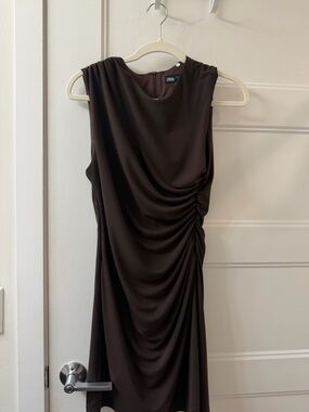 Zara Brown Sleeveless Draped Mini Dress